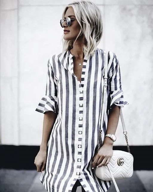 Buttons Stripes V-neck Short Trumpet Sleeves Long Blouse