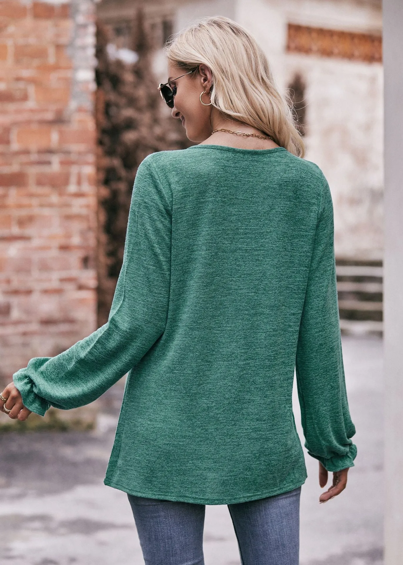 Casual Crew Neck Pleated Polished T-shirt Long-sleeved Top