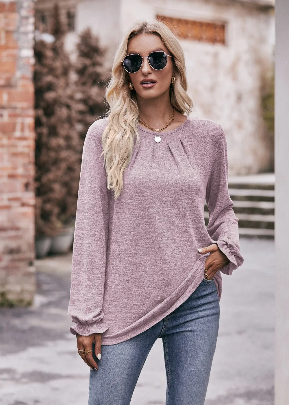 Casual Crew Neck Pleated Polished T-shirt Long-sleeved Top