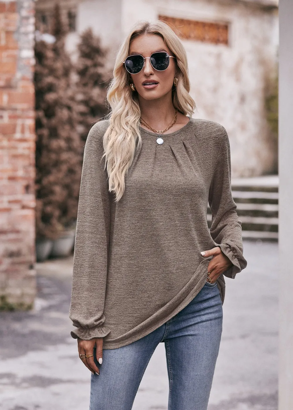 Casual Crew Neck Pleated Polished T-shirt Long-sleeved Top