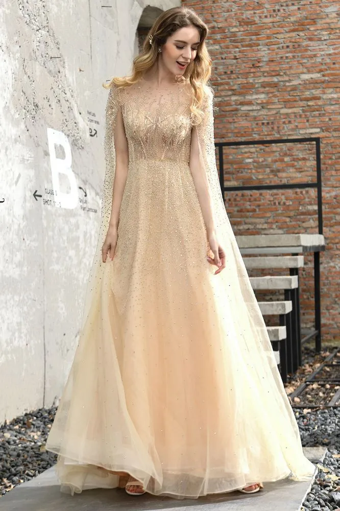 Charming Tulle Floor Length Evening Party Dress Sparkly Beads Prom Dress with Back Cape