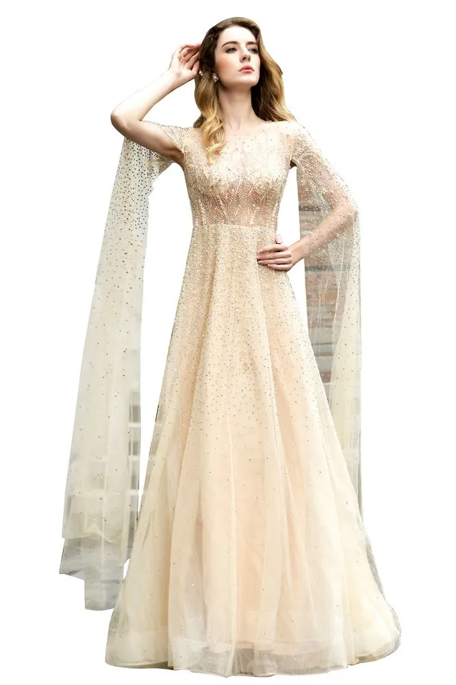 Charming Tulle Floor Length Evening Party Dress Sparkly Beads Prom Dress with Back Cape