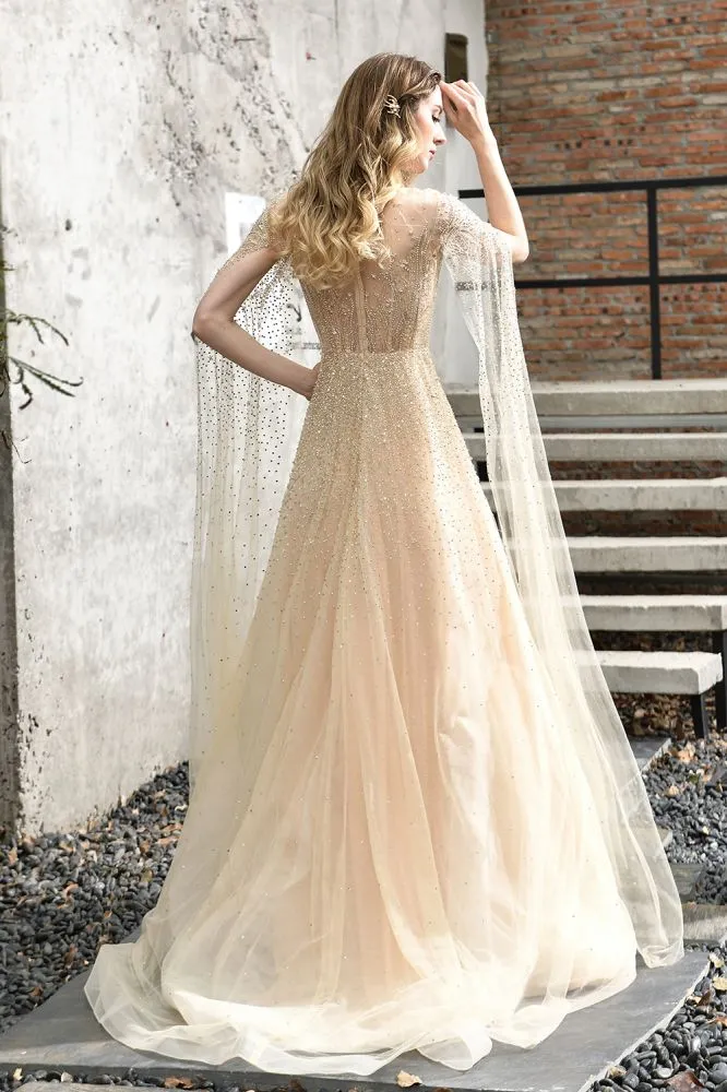 Charming Tulle Floor Length Evening Party Dress Sparkly Beads Prom Dress with Back Cape