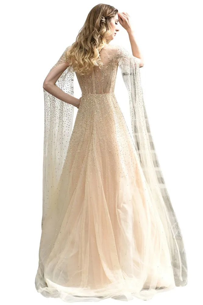 Charming Tulle Floor Length Evening Party Dress Sparkly Beads Prom Dress with Back Cape