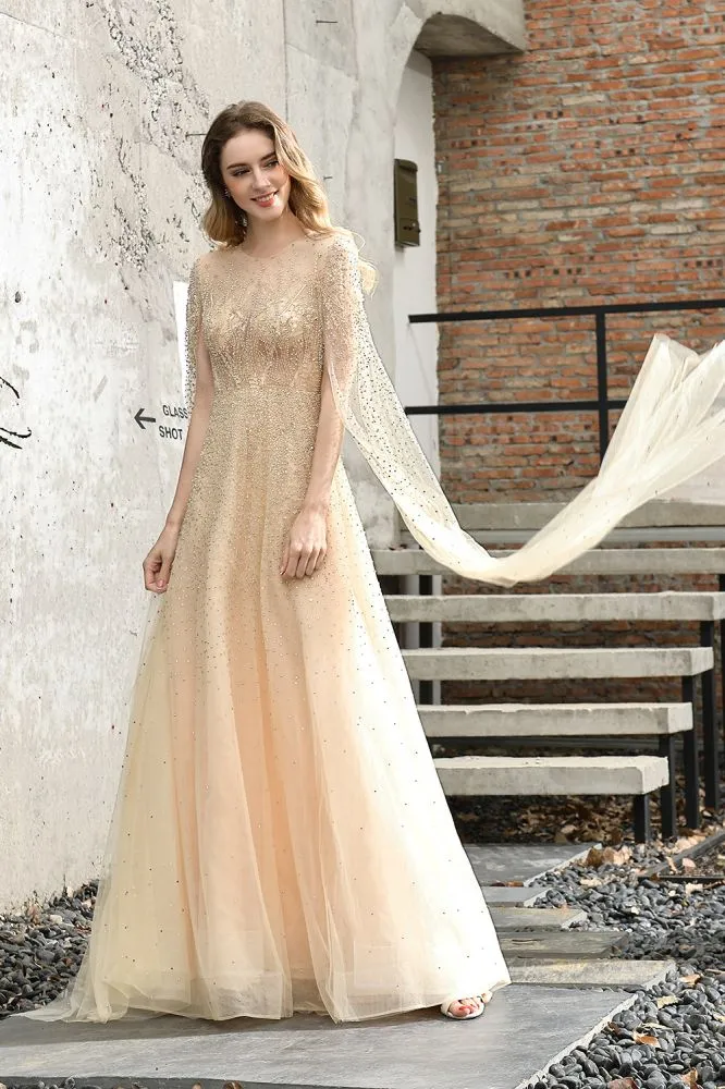 Charming Tulle Floor Length Evening Party Dress Sparkly Beads Prom Dress with Back Cape