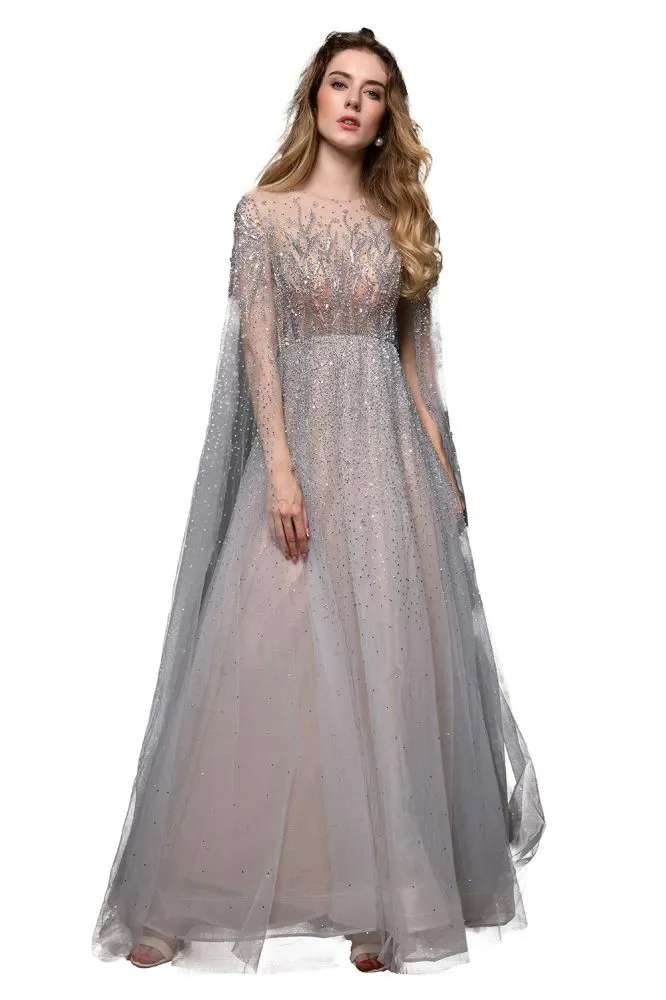 Charming Tulle Floor Length Evening Party Dress Sparkly Beads Prom Dress with Back Cape