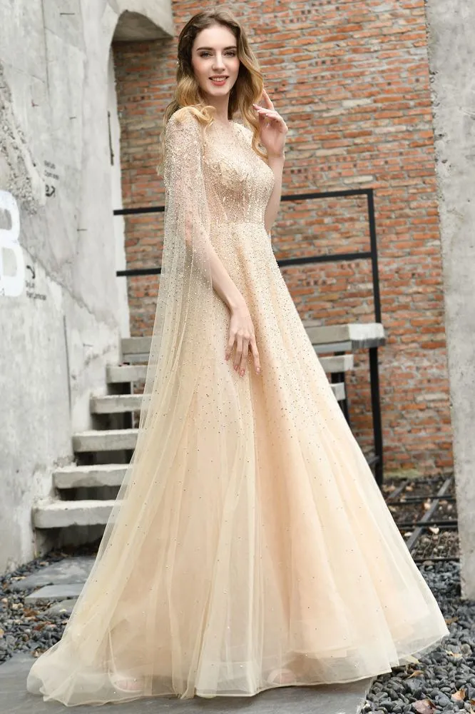 Charming Tulle Floor Length Evening Party Dress Sparkly Beads Prom Dress with Back Cape