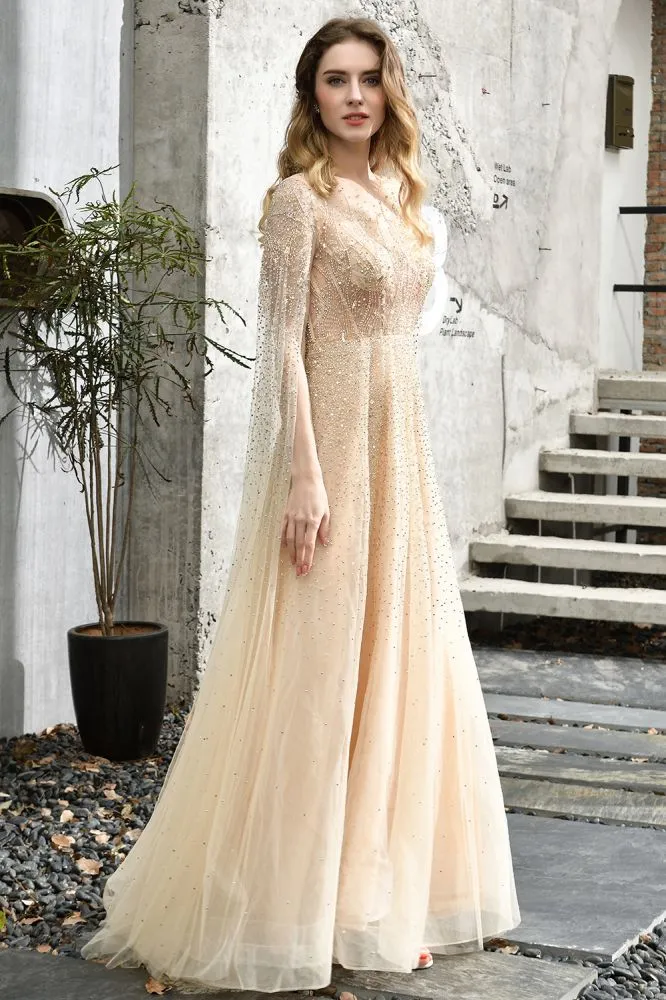 Charming Tulle Floor Length Evening Party Dress Sparkly Beads Prom Dress with Back Cape