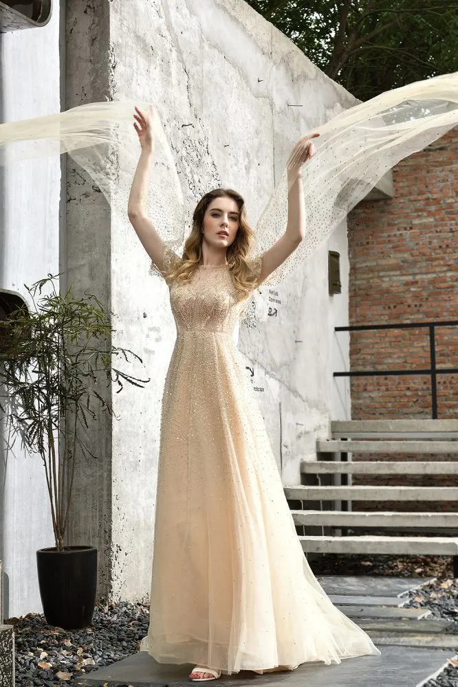 Charming Tulle Floor Length Evening Party Dress Sparkly Beads Prom Dress with Back Cape