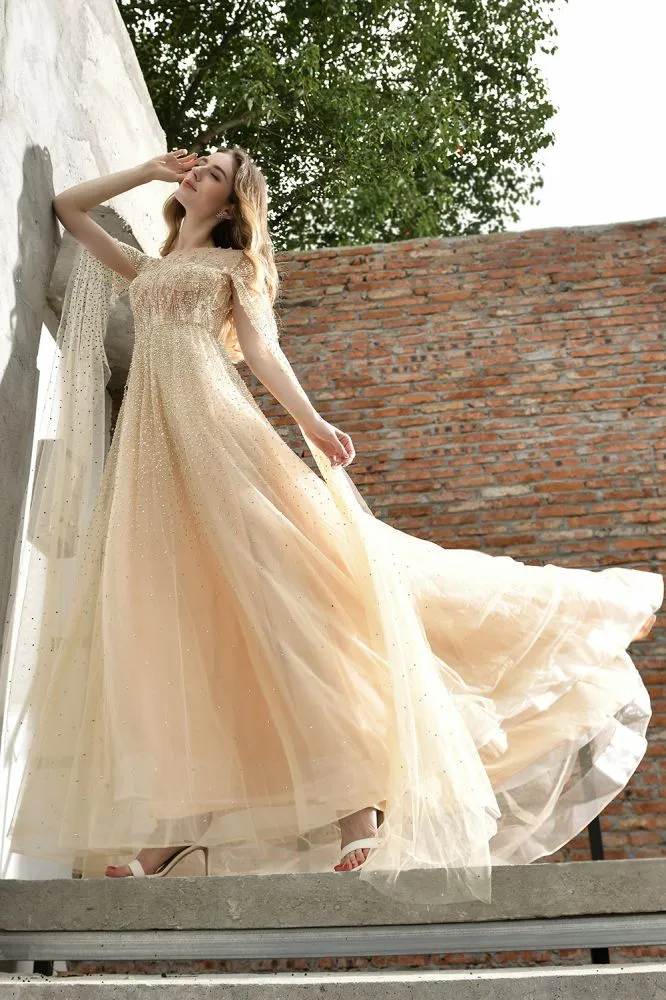 Charming Tulle Floor Length Evening Party Dress Sparkly Beads Prom Dress with Back Cape