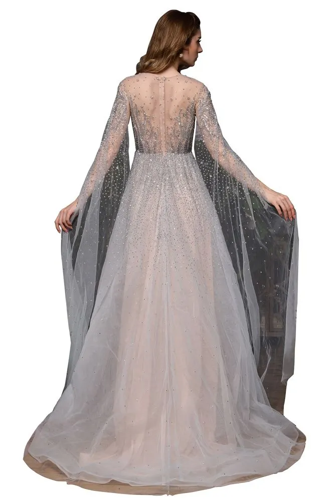 Charming Tulle Floor Length Evening Party Dress Sparkly Beads Prom Dress with Back Cape