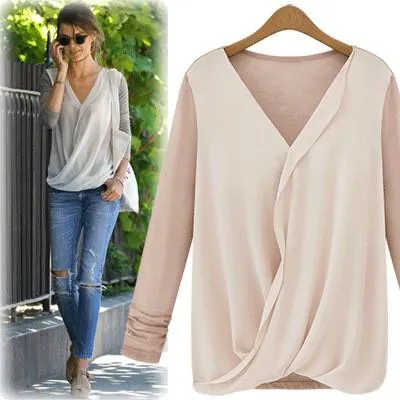 Chiffon Patchwork Ruches V-neck Long Sleeves Fashion Blouse