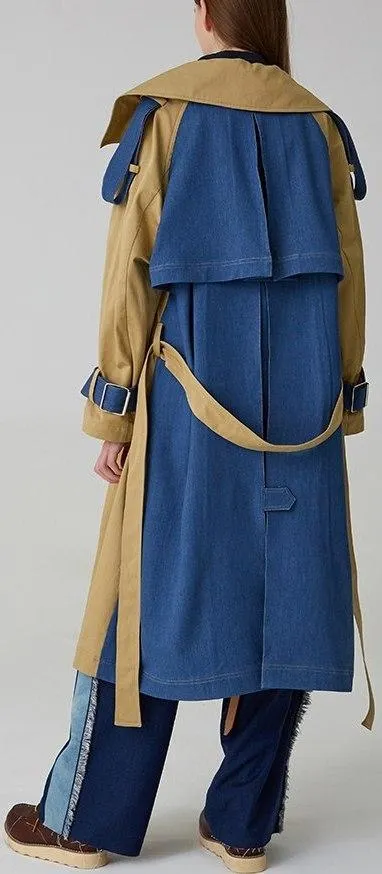 Color-Contrast Denim-Back Trench Coat *Low Stock*