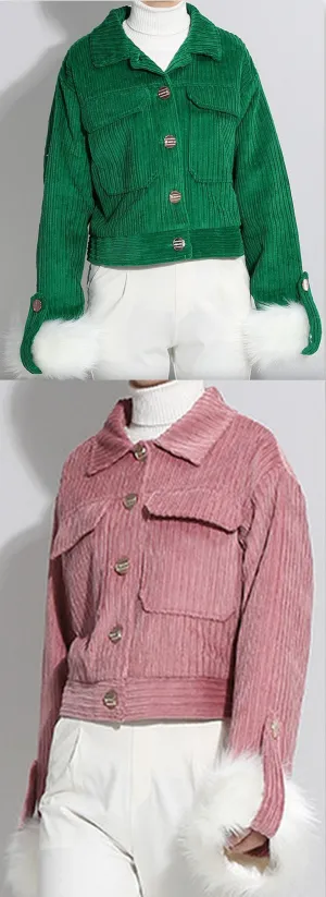 Corduroy Jacket with Fur Cuffs - Green or Pink