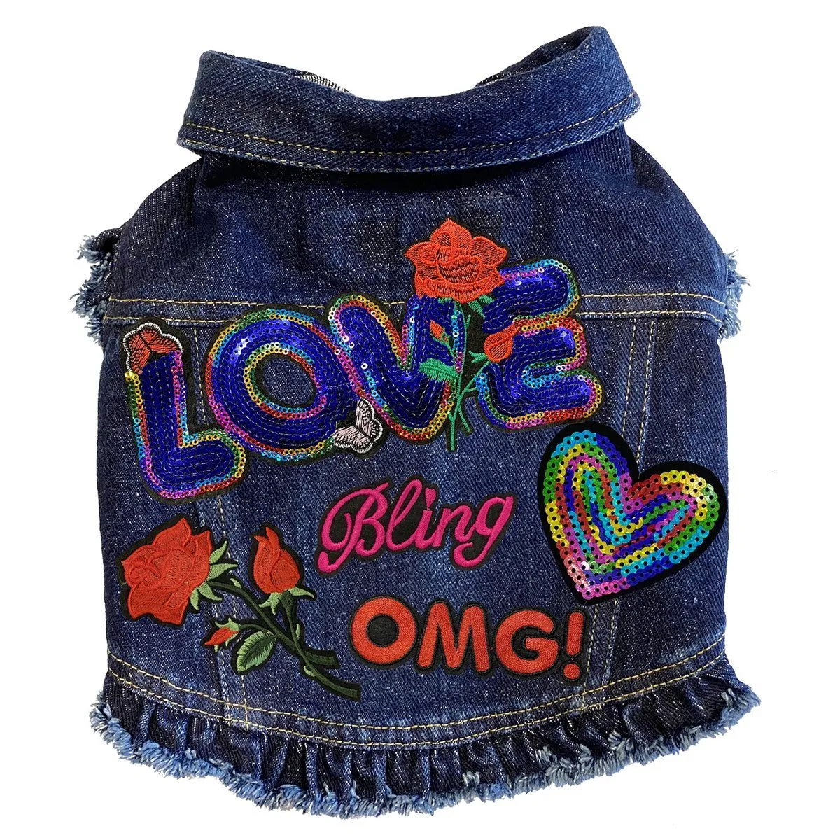 Custom Love Bling Denim Dog Jacket With Ruffles