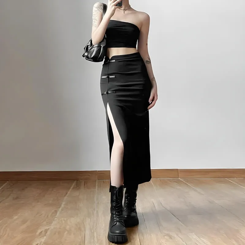 Dark Academia High Split Midi Skirt