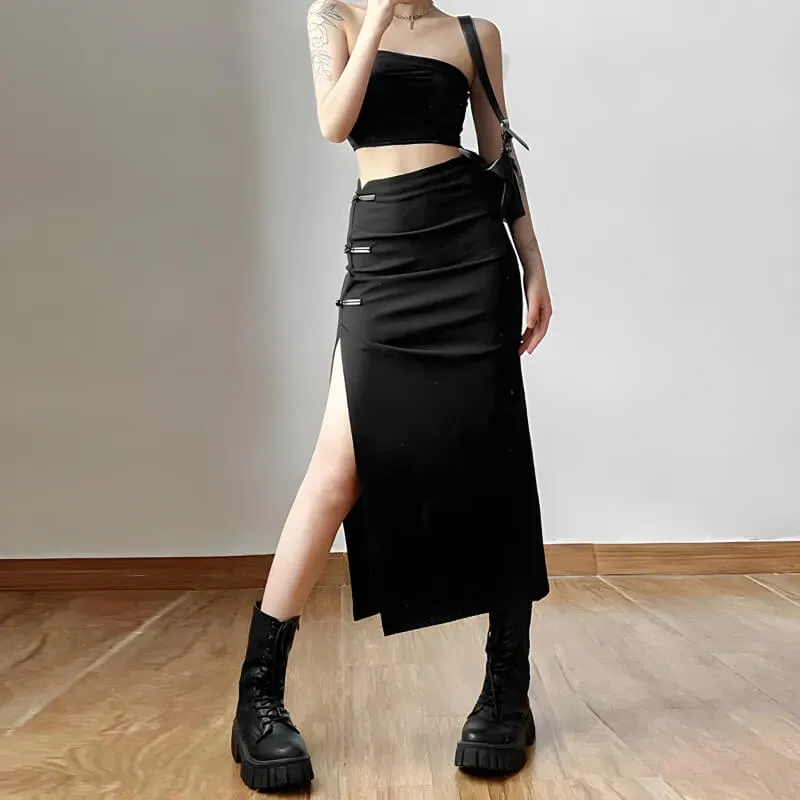 Dark Academia High Split Midi Skirt