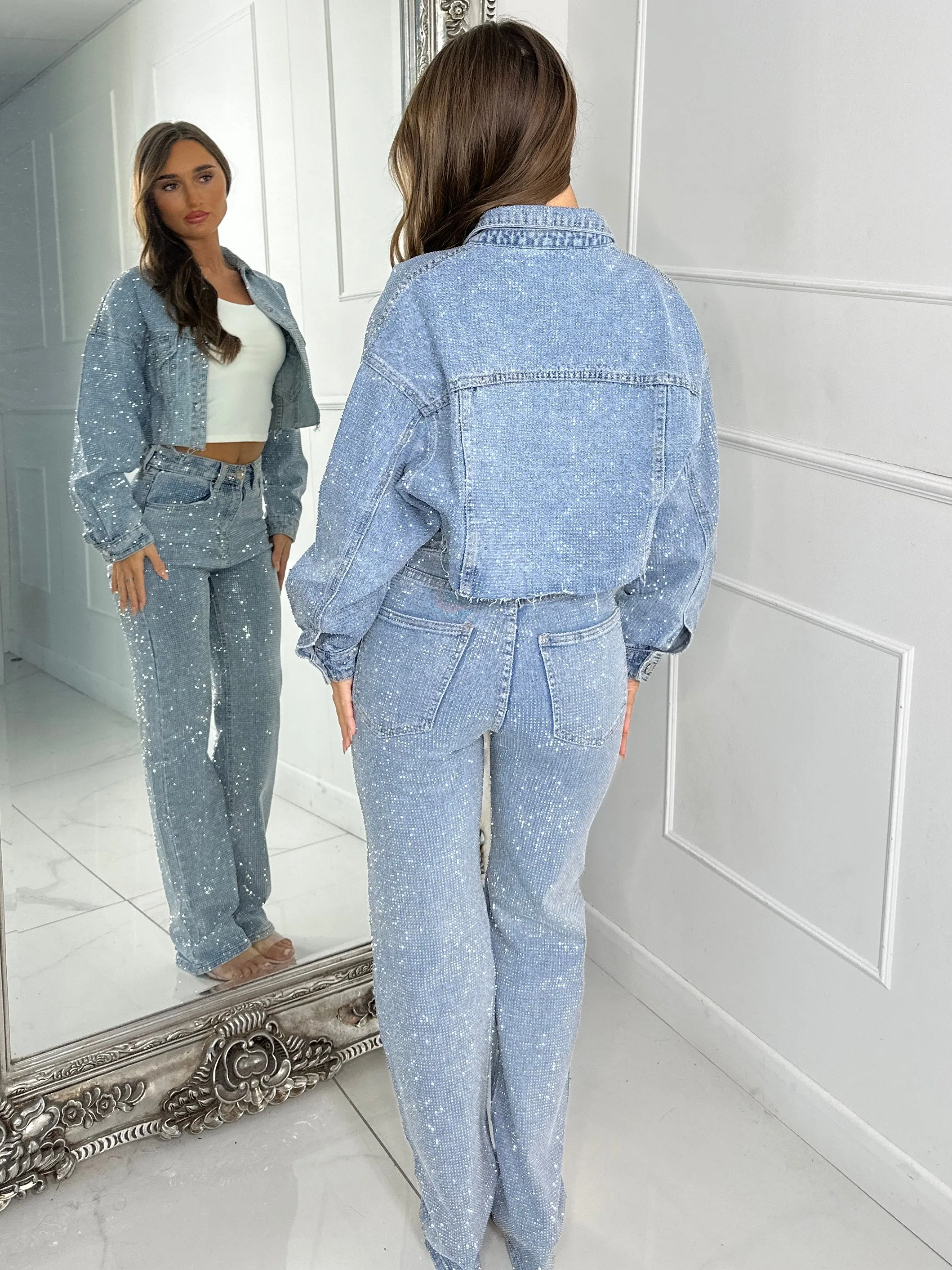 Diamante Denim Cropped Jacket - Blue Denim