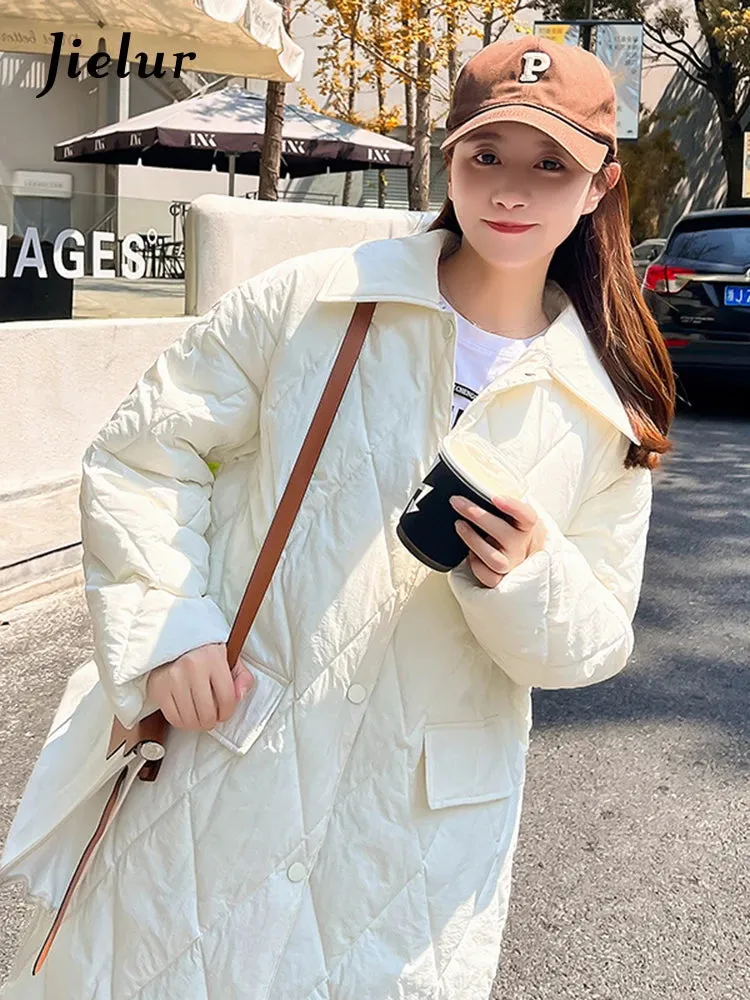 Diamond Plaid Cotton Padded Jacket for Women White Parkas New Detachable Knitted Hat Knee Length Coffee Pink Coat S-L