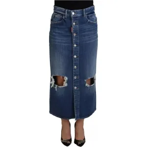 Dsquared² Blue Distressed High Waist Pencil Cut Denim Skirt