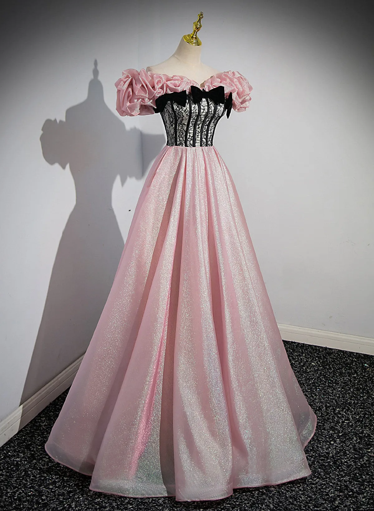 Elegant A-line Pink Off Shoulder Long Evening Dress, Pink with Black Lace Long Prom Dress