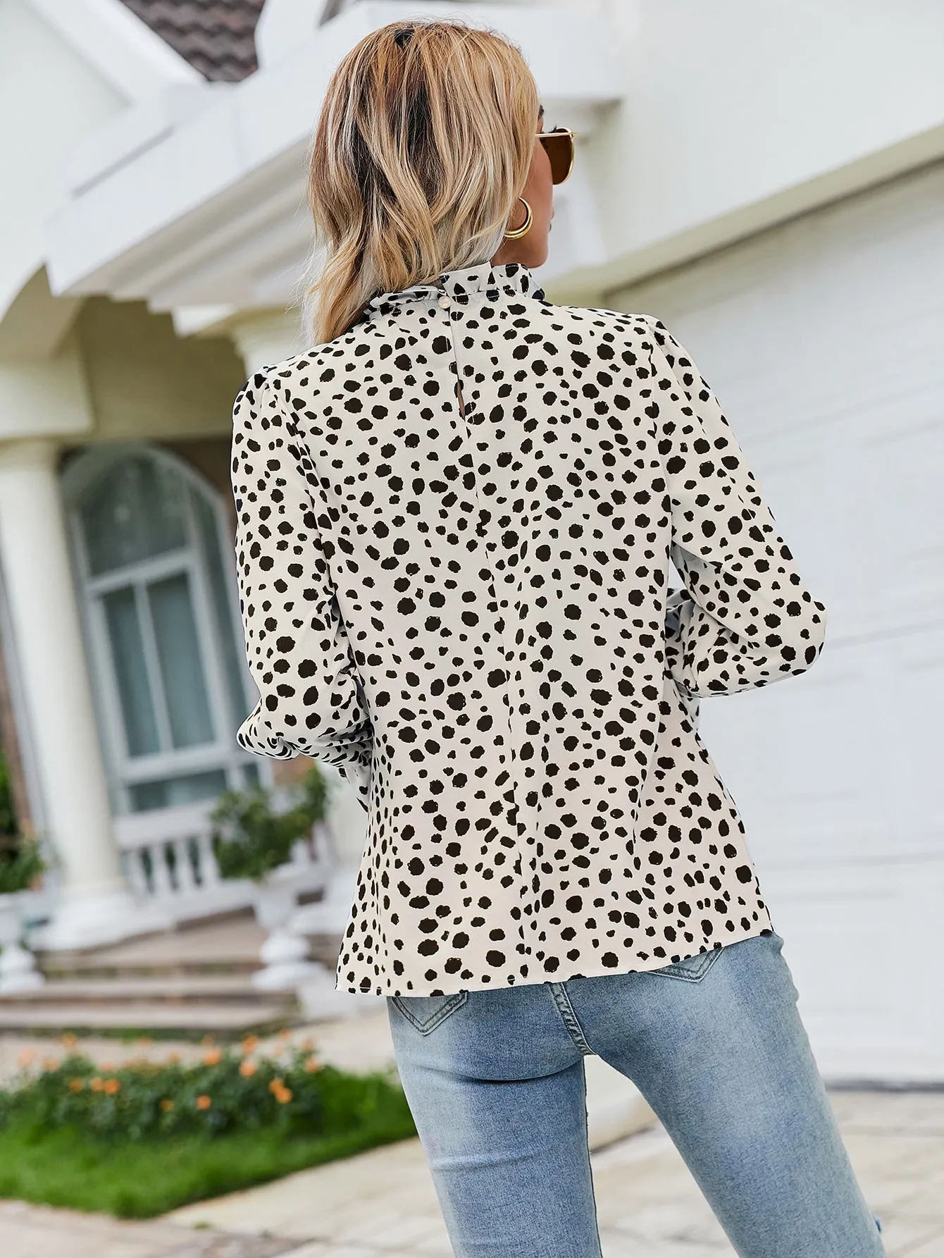 Elegant All Over Print Frill Long Sleeve Stand Collar Regular Blouse