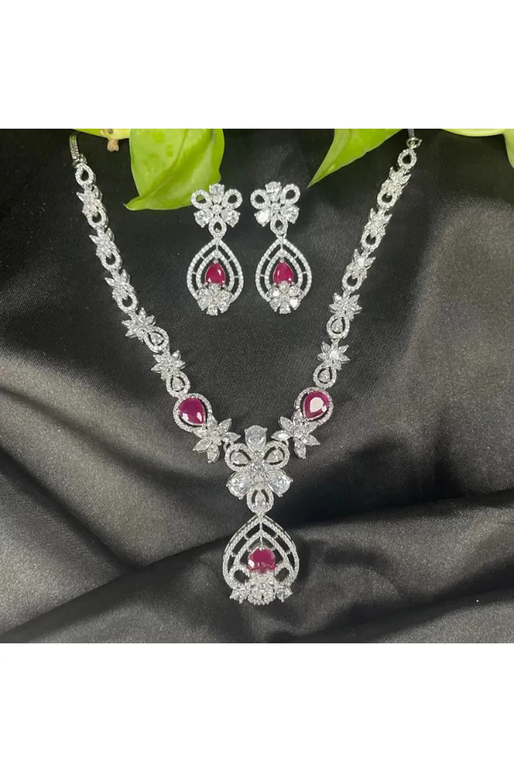 Elegant American Diamond Necklace Set With Ruby Stone