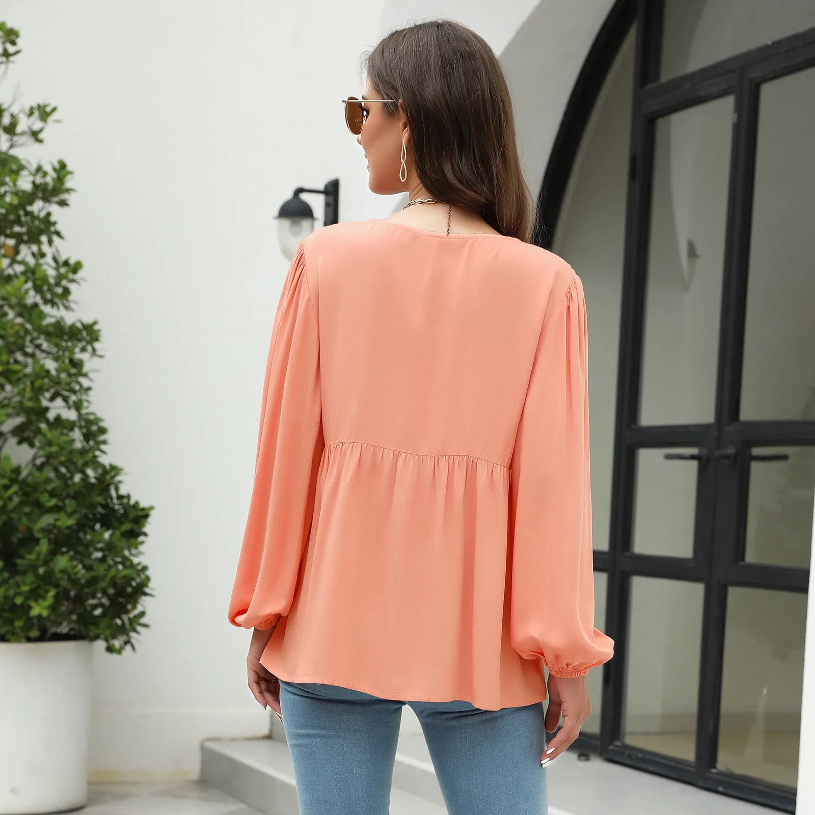 Elegant And Elegant Lace Stitching Lantern Sleeve Solid Color Blouses Wholesale Women Top