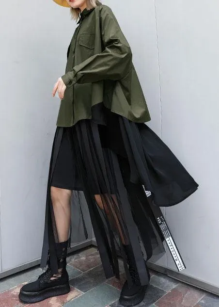 Elegant asymmetric lapel cotton Blouse Inspiration army green blouses