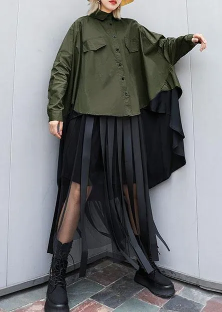 Elegant asymmetric lapel cotton Blouse Inspiration army green blouses