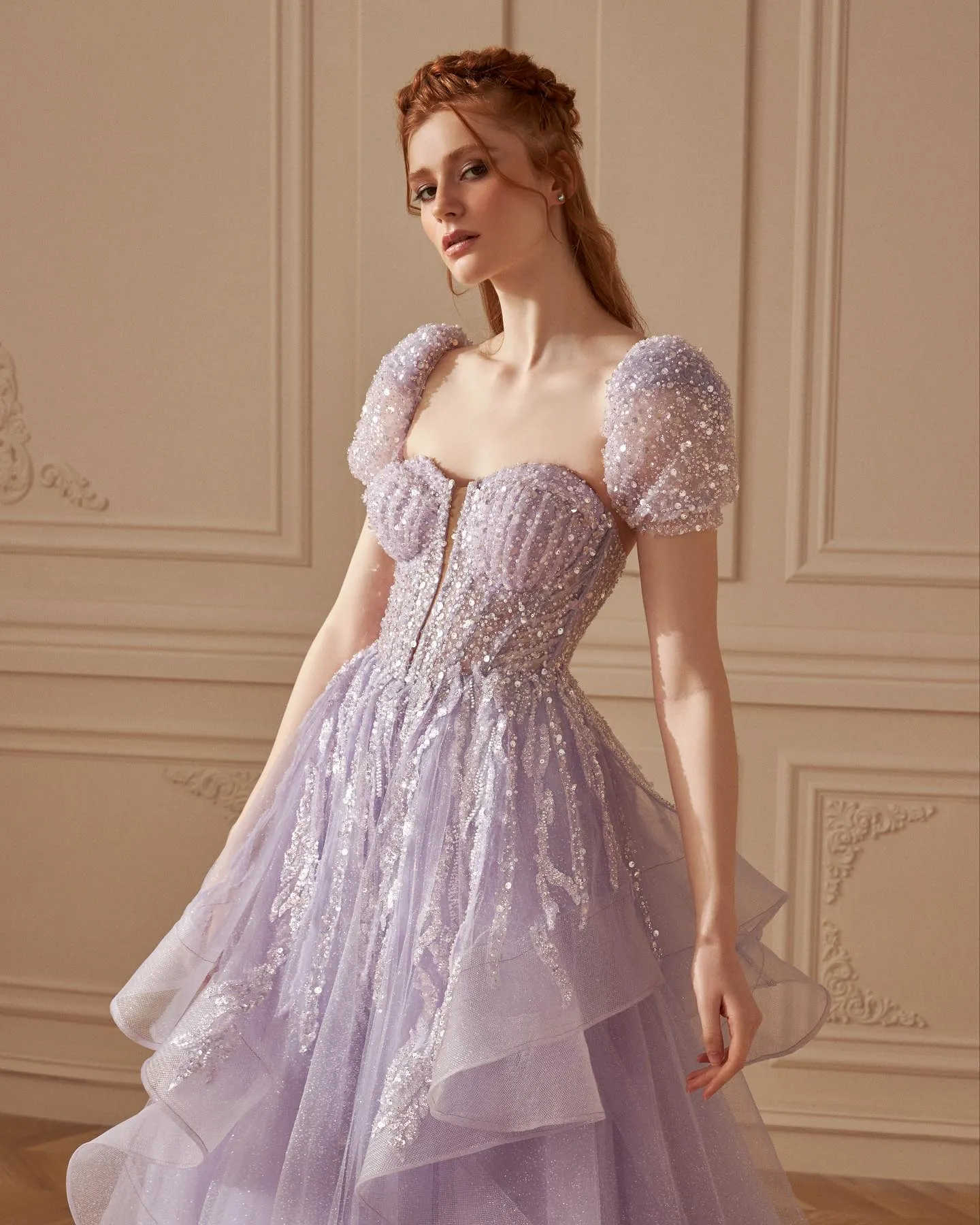 Elegant Beaded Lilac Ball Gown Evening Dress SS452