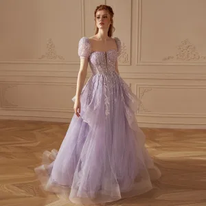 Elegant Beaded Lilac Ball Gown Evening Dress SS452