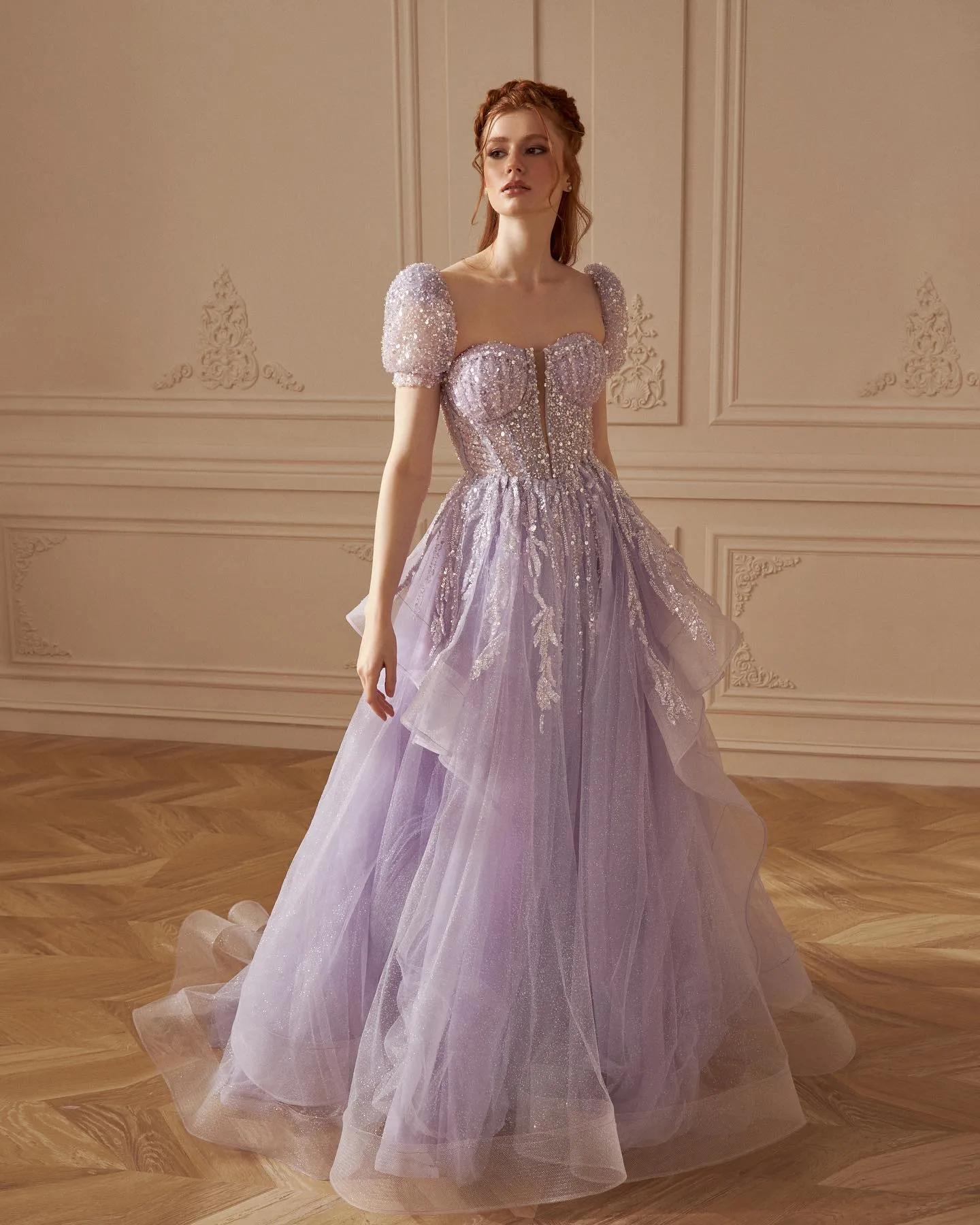 Elegant Beaded Lilac Ball Gown Evening Dress SS452