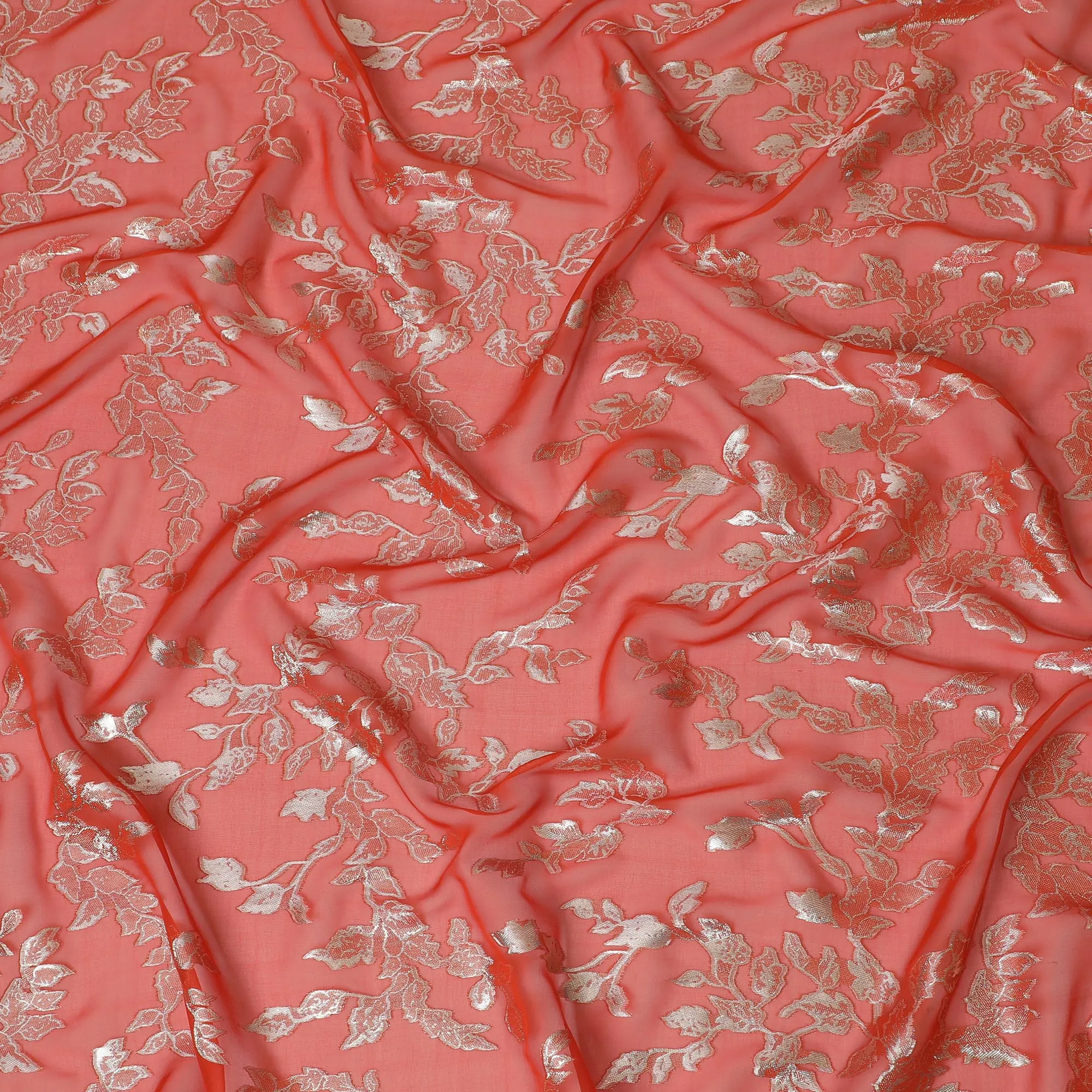 Elegant Coral Silk Chiffon Fabric with Metallic Lurex Floral Design, 110 cm Width, South Korea-D19711