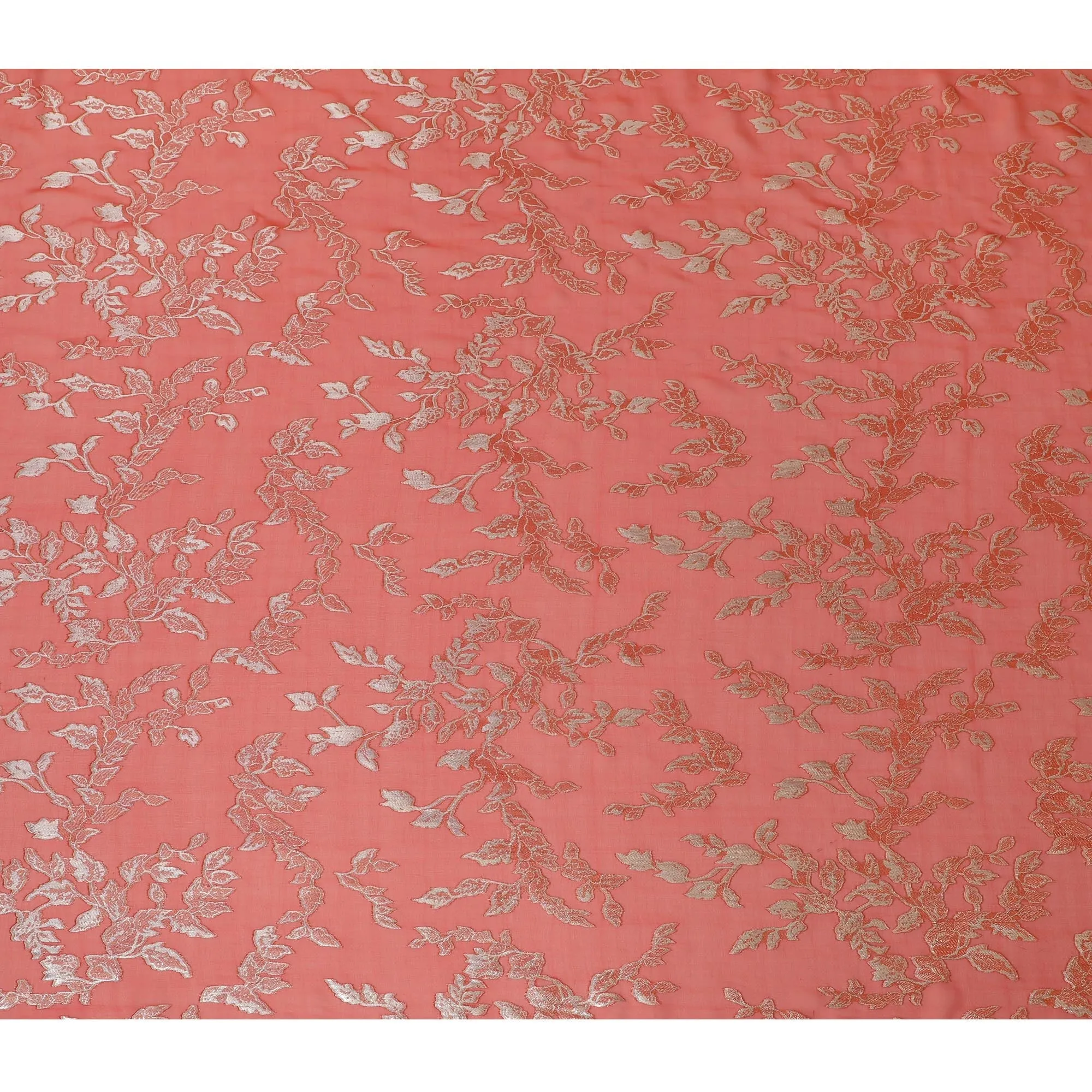 Elegant Coral Silk Chiffon Fabric with Metallic Lurex Floral Design, 110 cm Width, South Korea-D19711