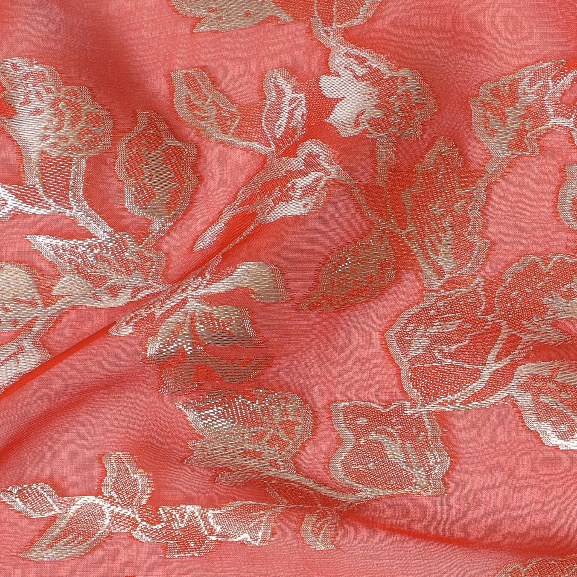 Elegant Coral Silk Chiffon Fabric with Metallic Lurex Floral Design, 110 cm Width, South Korea-D19711