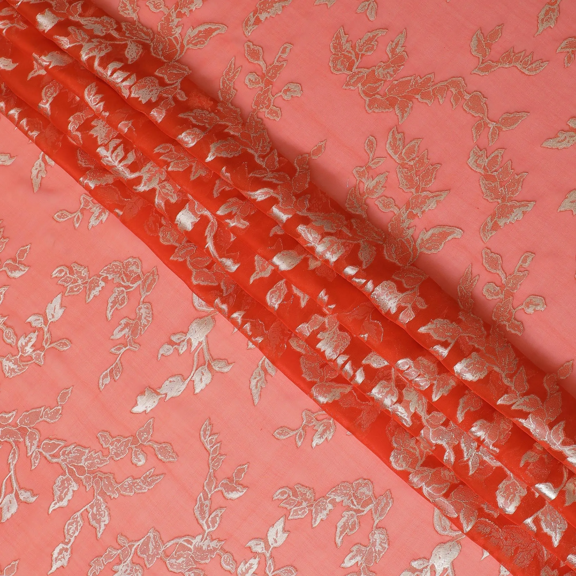 Elegant Coral Silk Chiffon Fabric with Metallic Lurex Floral Design, 110 cm Width, South Korea-D19711