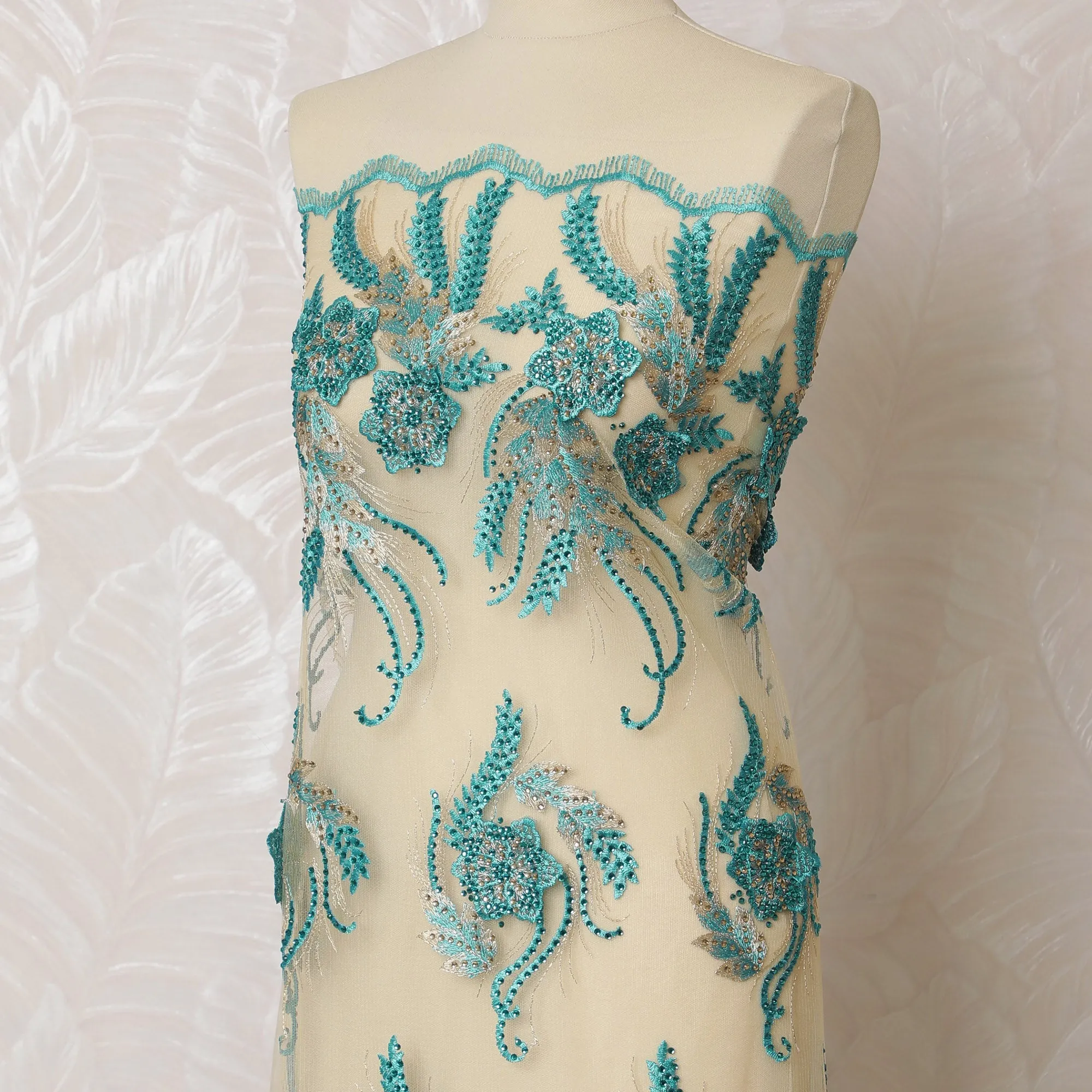 Elegant Cream and Teal Nylon Tulle Fabric with Paisley Embroidery - 140cm Wide-D19275