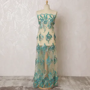 Elegant Cream and Teal Nylon Tulle Fabric with Paisley Embroidery - 140cm Wide-D19275