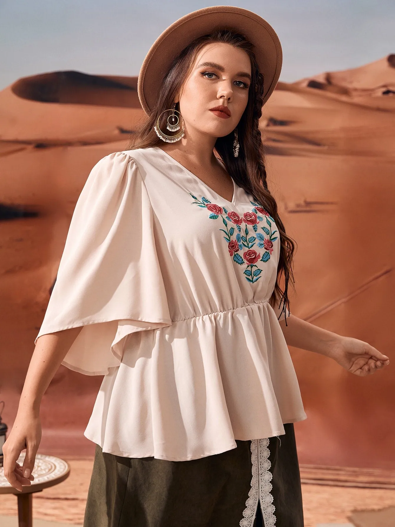 Elegant Floral Ruffle Hem Three Quarter Length Sleeve V Neck Flared Regular Plus Size Blouse