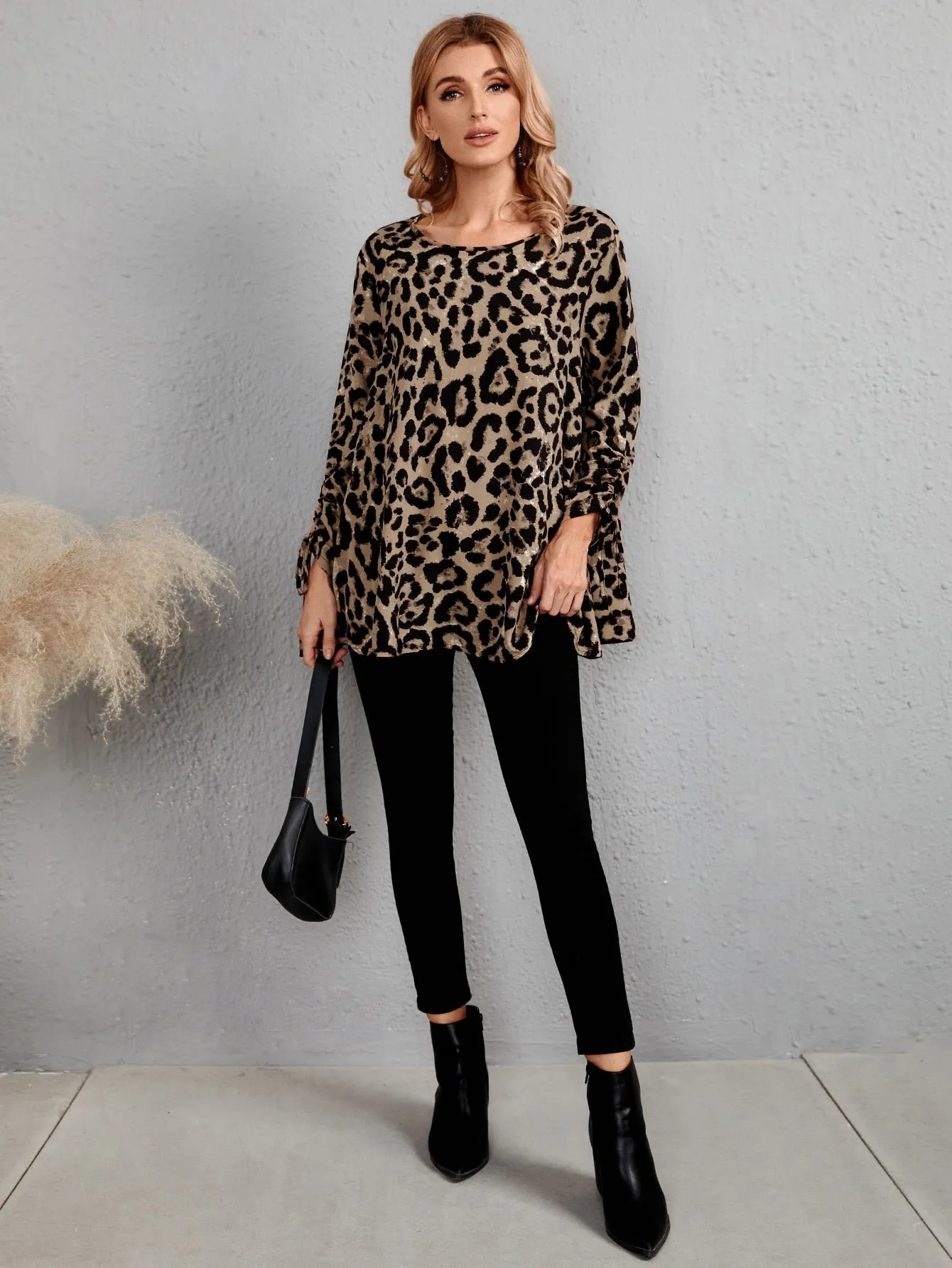 Elegant Leopard Drawstring Long Sleeve Round Neck Long Blouse