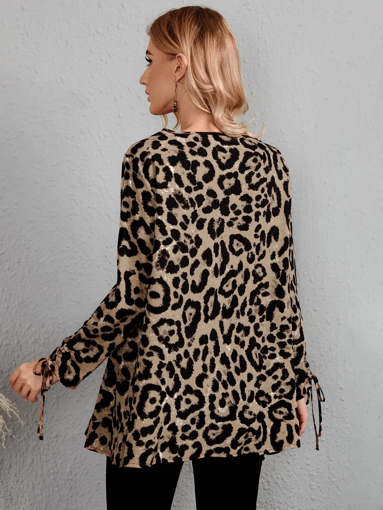 Elegant Leopard Drawstring Long Sleeve Round Neck Long Blouse