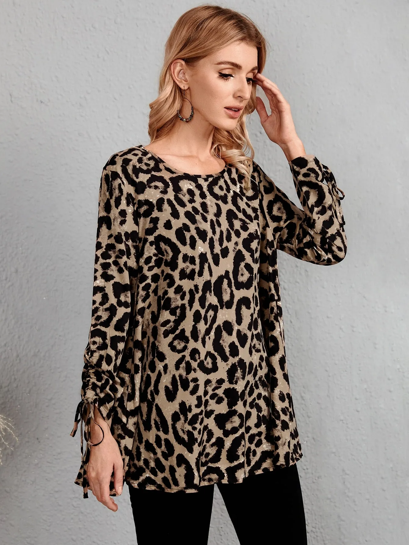 Elegant Leopard Drawstring Long Sleeve Round Neck Long Blouse