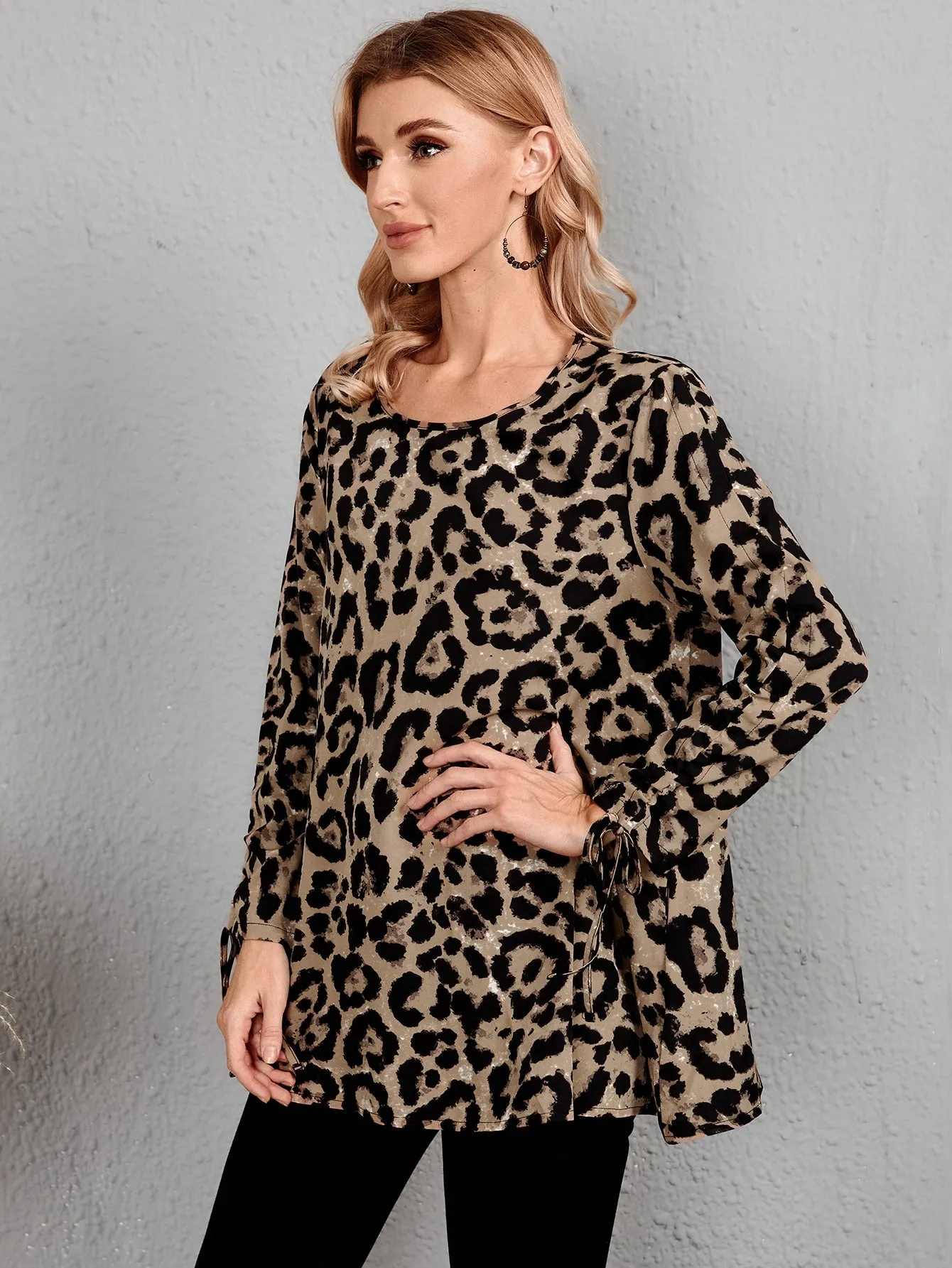 Elegant Leopard Drawstring Long Sleeve Round Neck Long Blouse