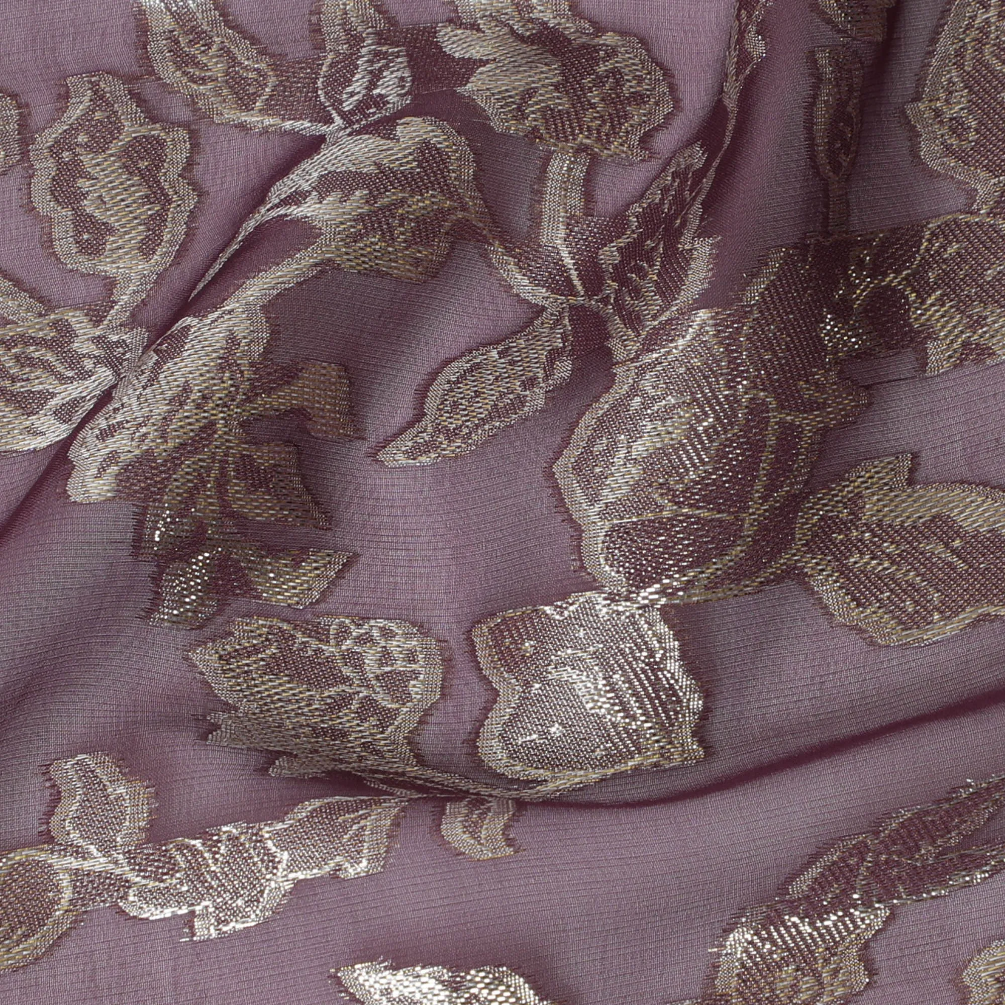 Elegant Mauve Silk Chiffon Fabric with Metallic Lurex Floral Design, 110 cm Width, South Korea-D19709