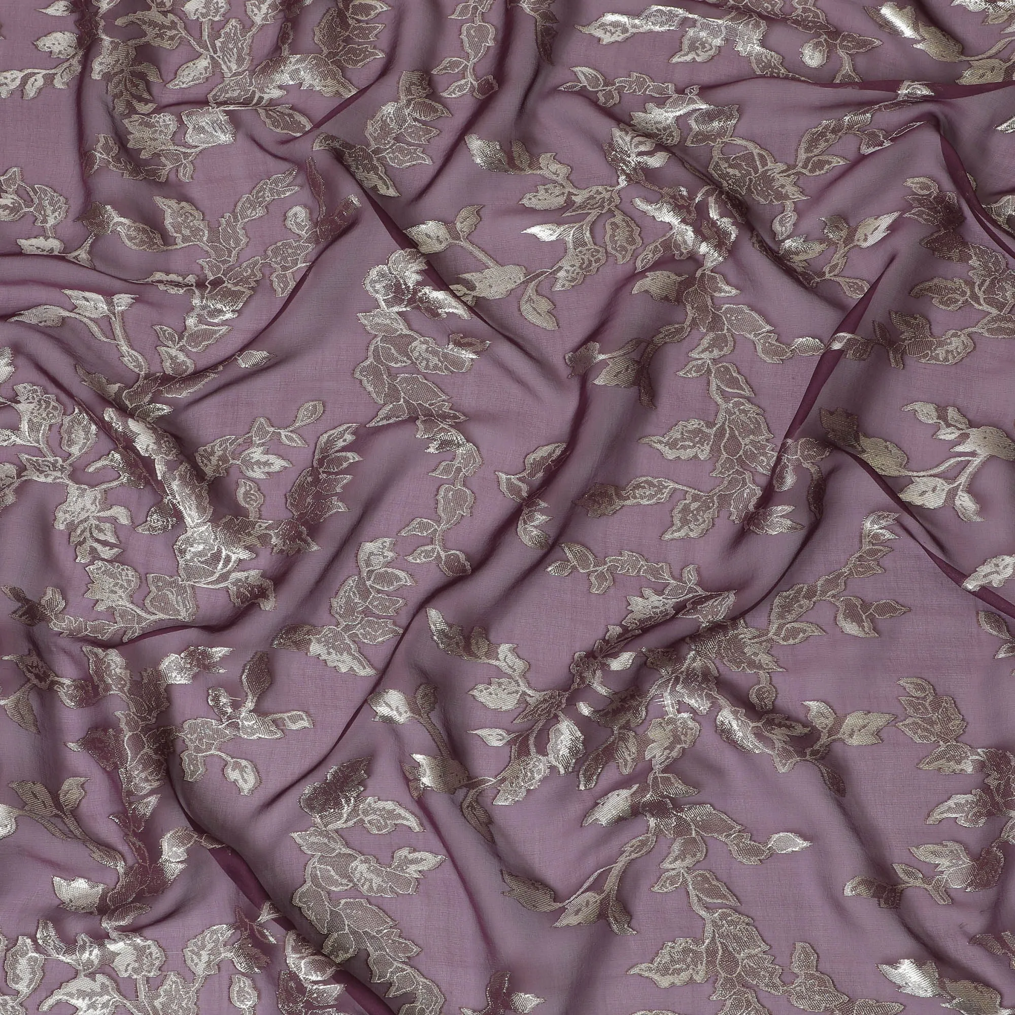 Elegant Mauve Silk Chiffon Fabric with Metallic Lurex Floral Design, 110 cm Width, South Korea-D19709