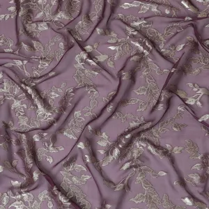 Elegant Mauve Silk Chiffon Fabric with Metallic Lurex Floral Design, 110 cm Width, South Korea-D19709