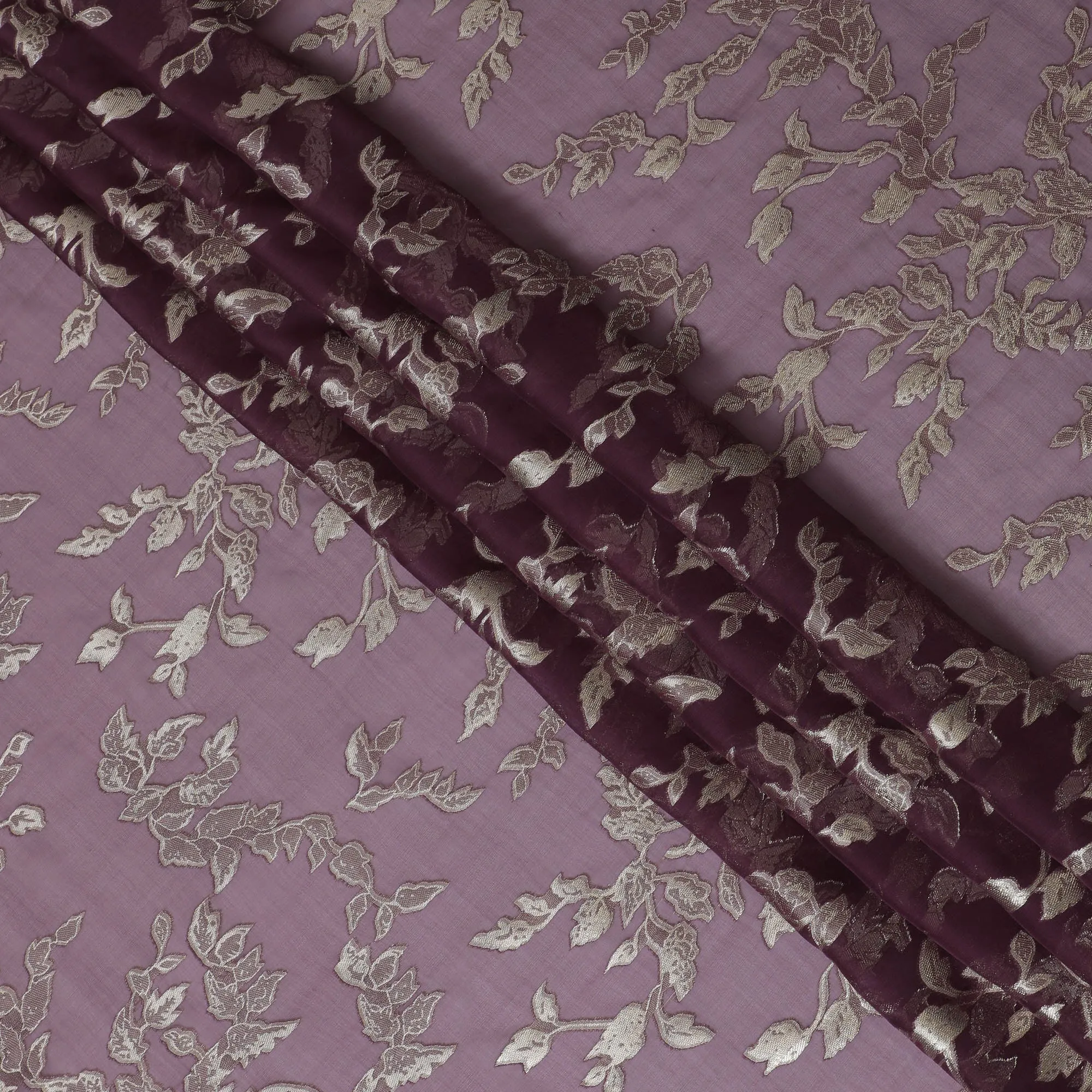 Elegant Mauve Silk Chiffon Fabric with Metallic Lurex Floral Design, 110 cm Width, South Korea-D19709