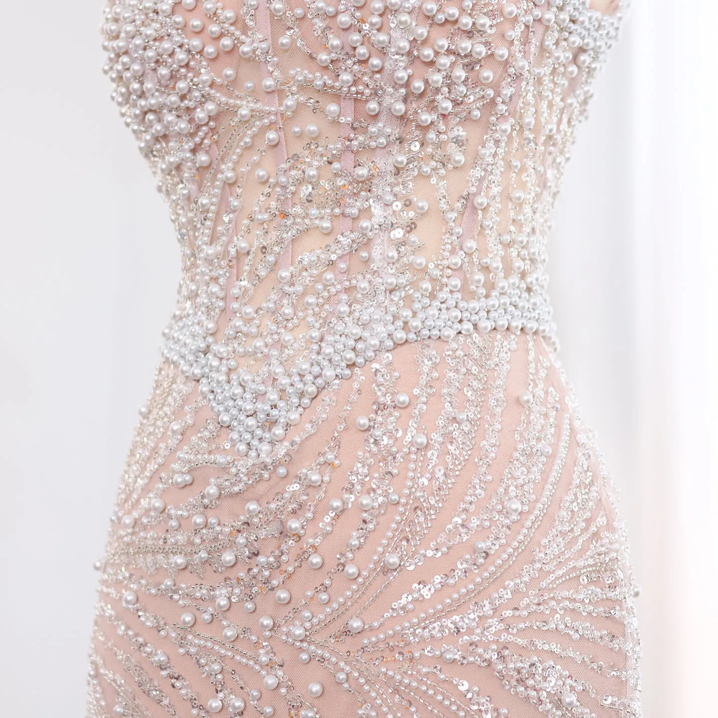 Elegant Mermaid White Nude Pearls Evening Dress SS134