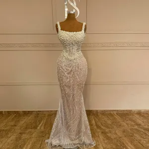 Elegant Mermaid White Nude Pearls Evening Dress SS134